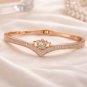 Rose Gold Rhinestone Crown Bracelet Dainty Sparkly Bangle